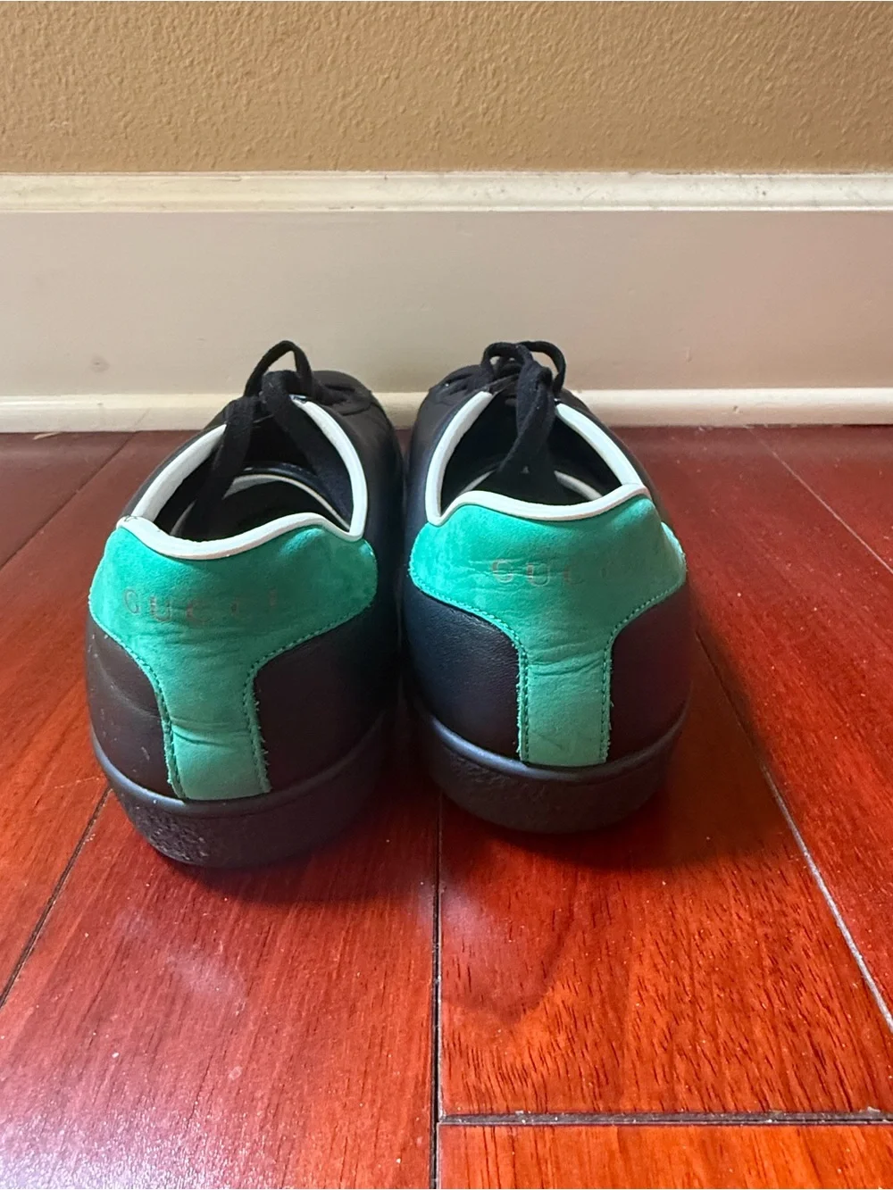 Gucci Black Leather Sneakers with White GG Logo and Green Heel